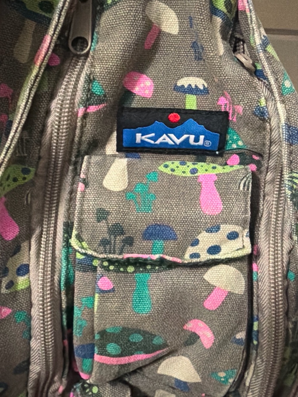 Kavu Olive Mushroom Print Sling with Pink & Teal Accents